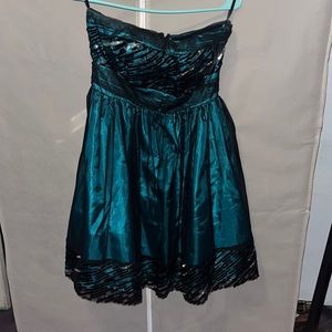 Strapless black and teal (looks a little green) dress